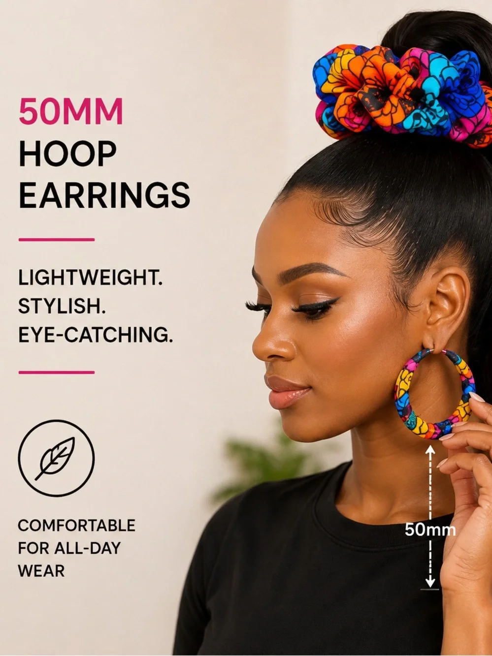 Handmade African Ankara Print Scrunchie & Hoop Earring Set | Blue Big Flower